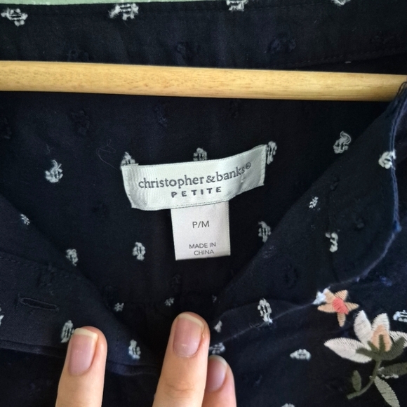 🍁Christopher & Banks Navy Pokadot Blouse With Pink Floral Embroidered - Medium - Picture 2 of 4